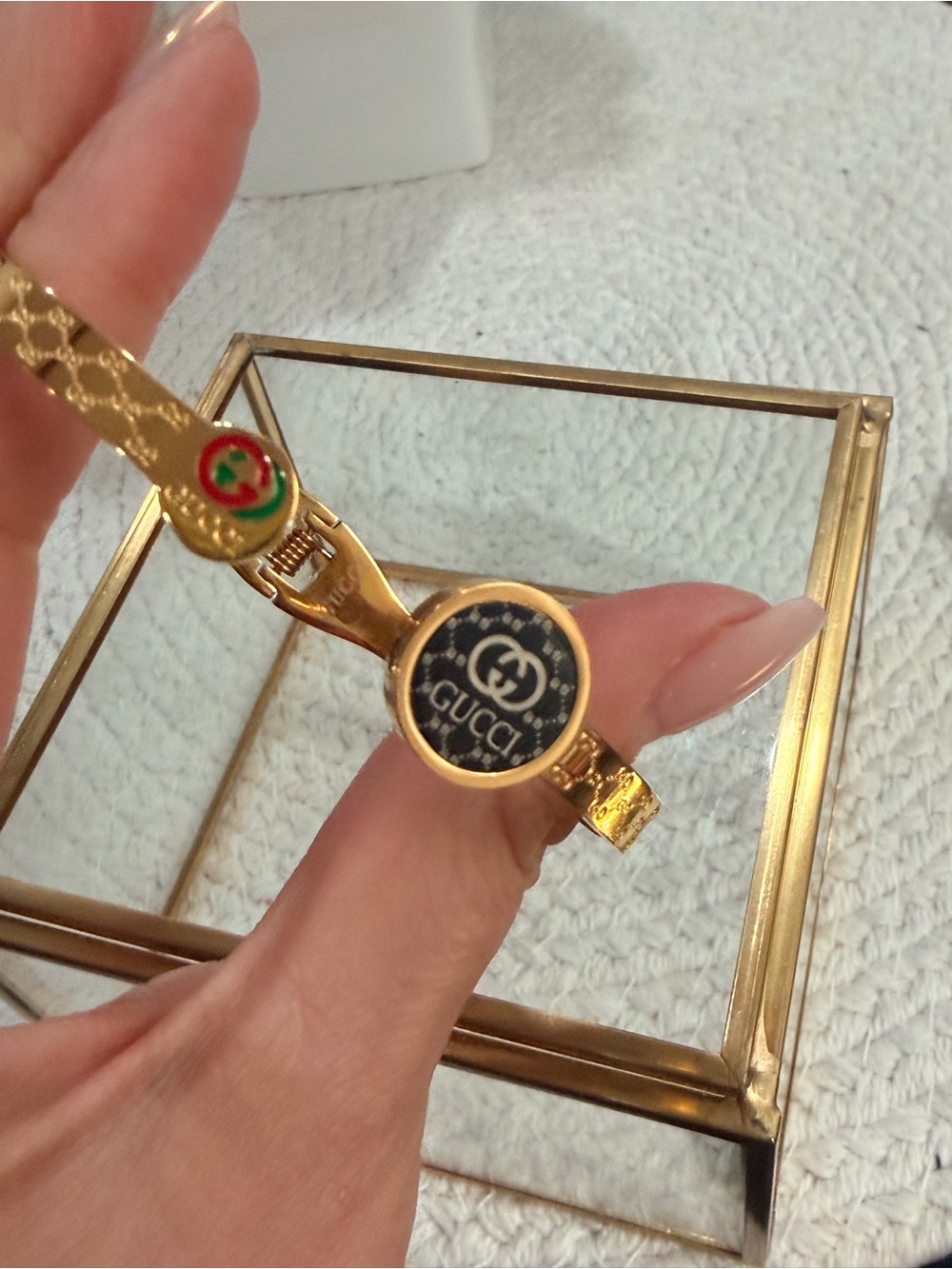 Gold Toned Stainless Steel Bangle Bracelet with Black Medallion Accent | NEW - Picture 7 of 8